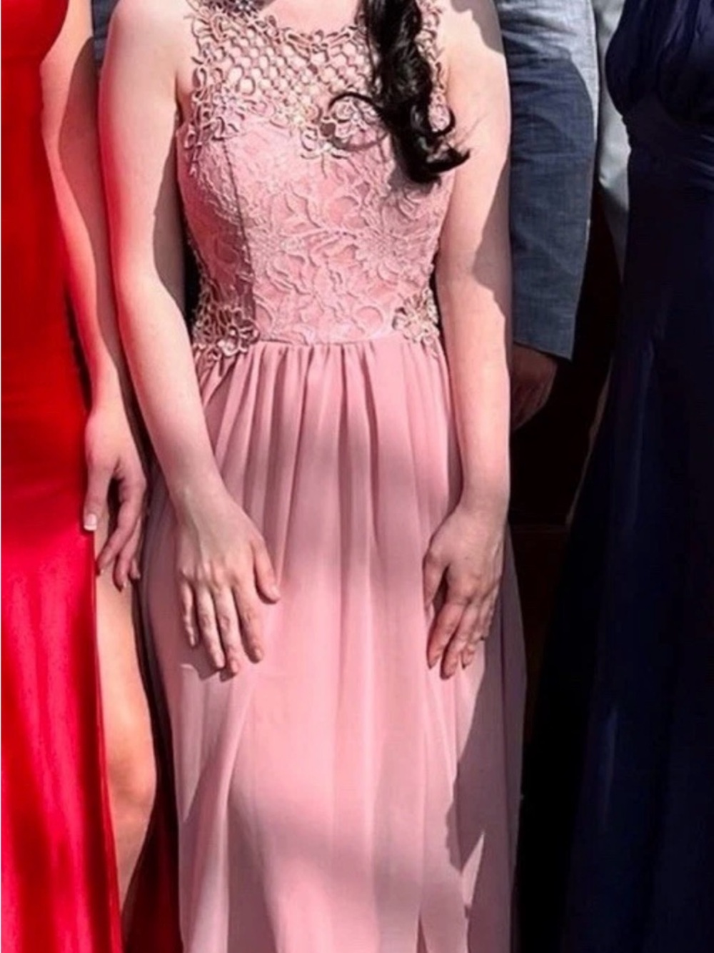 Elegant Pink Lace Bodice Maxi Dress